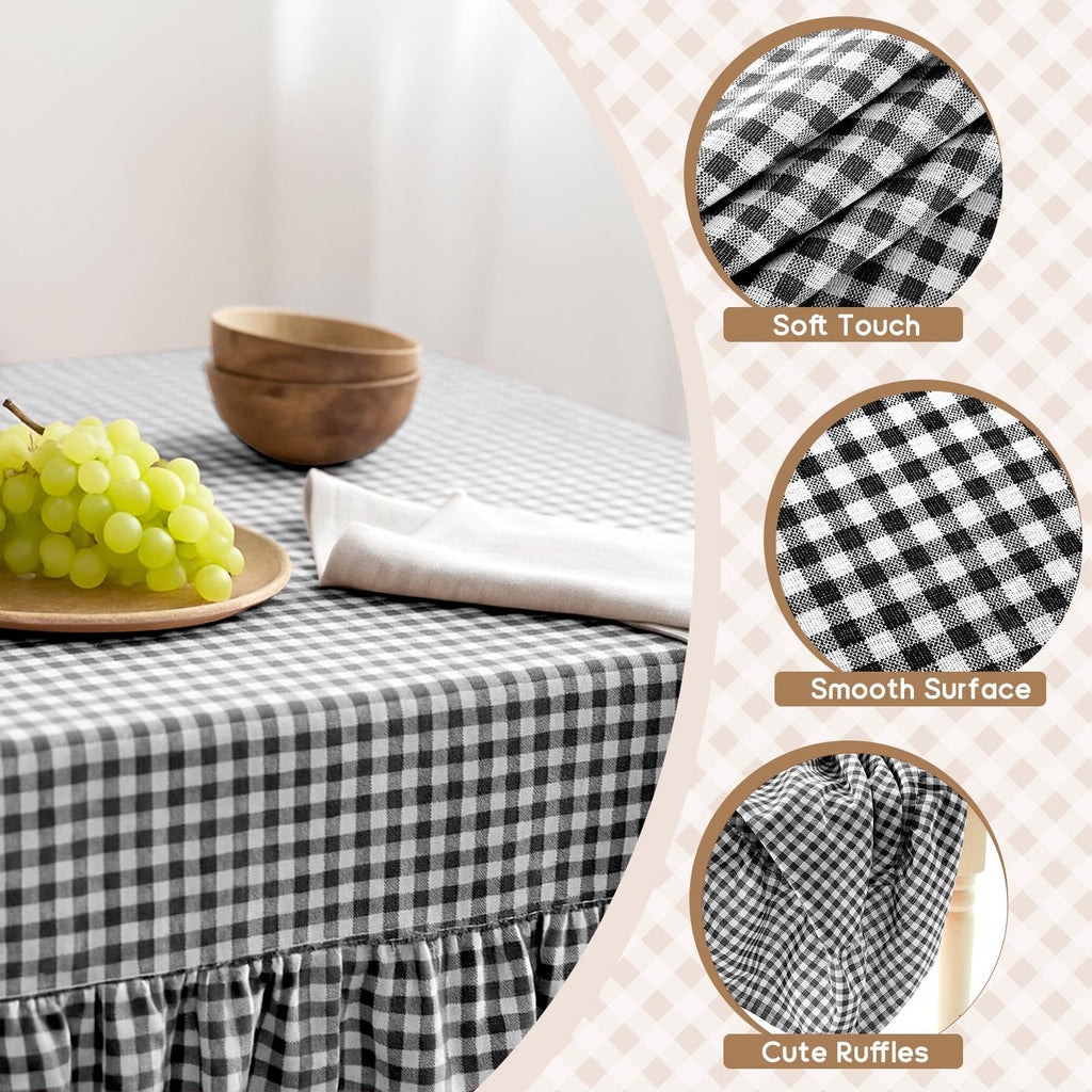Black Gingham Ruffled Tablecloth, 60 x 120 Inches, Rectangle