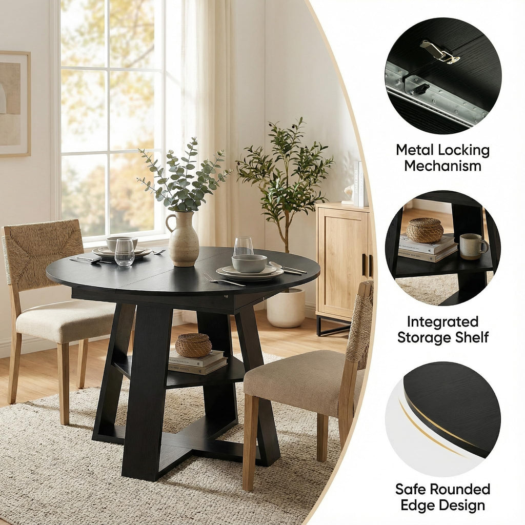 Round Extendable Dining Table Set for 6, 43"-59" Black Expandable Kitchen Table with 6 Black Velvet Tufted Chairs