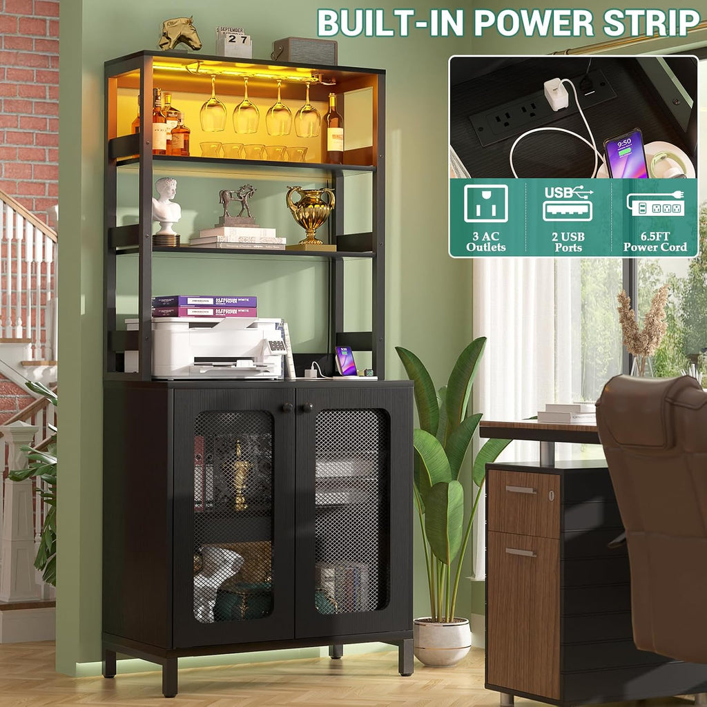 Bar Cabinet with Power Outlets, 67" Tall Wine Bar Cabinet, Black | Liquor Cabinets with LED Lights and Glass Holder