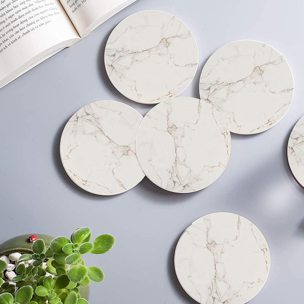 4inch Round White Marble Coaster with Gold Storage Rack - Set of 6