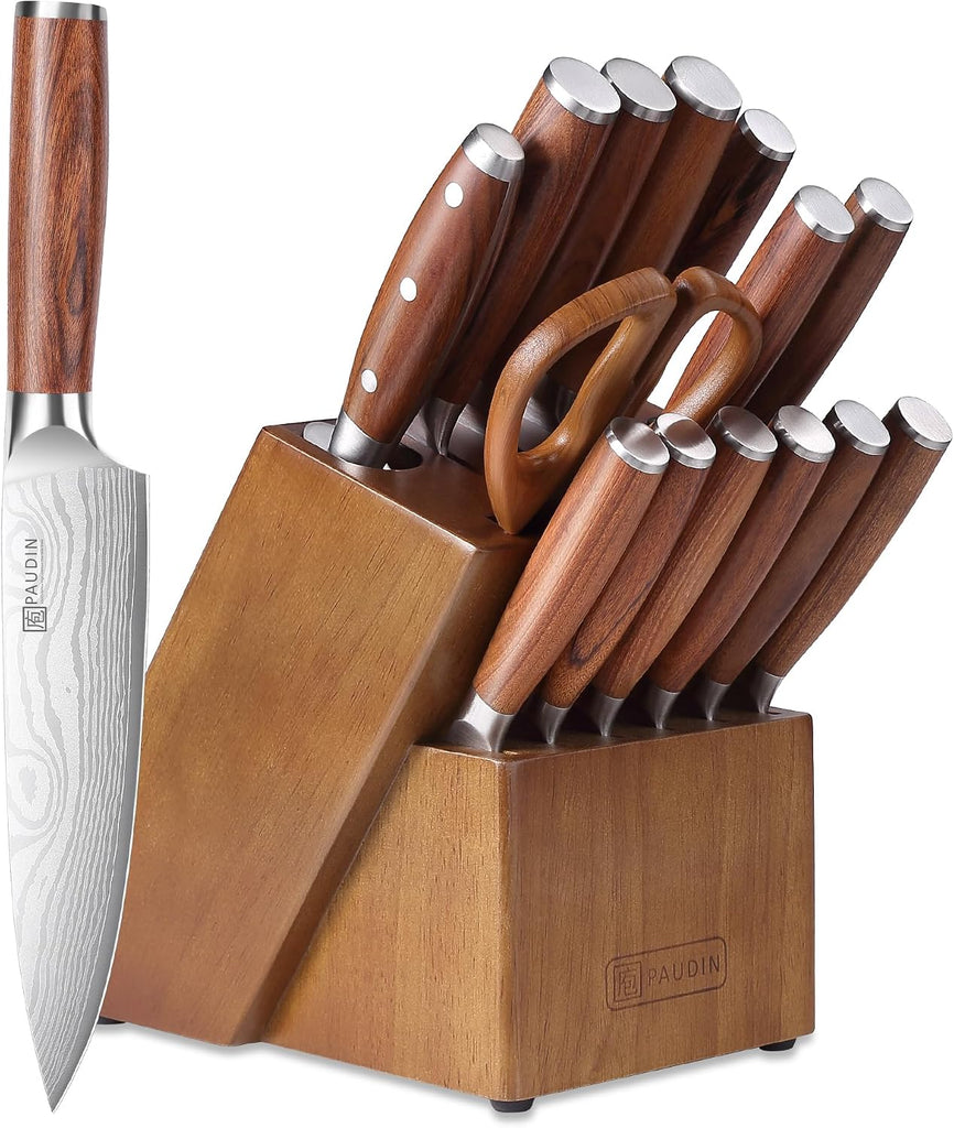 16-Piece Kitchen Knife Set with Block, Built-in Sharpener, Ultra Sharp 5Cr15Mov Stainless Steel Chef Knives, Natural