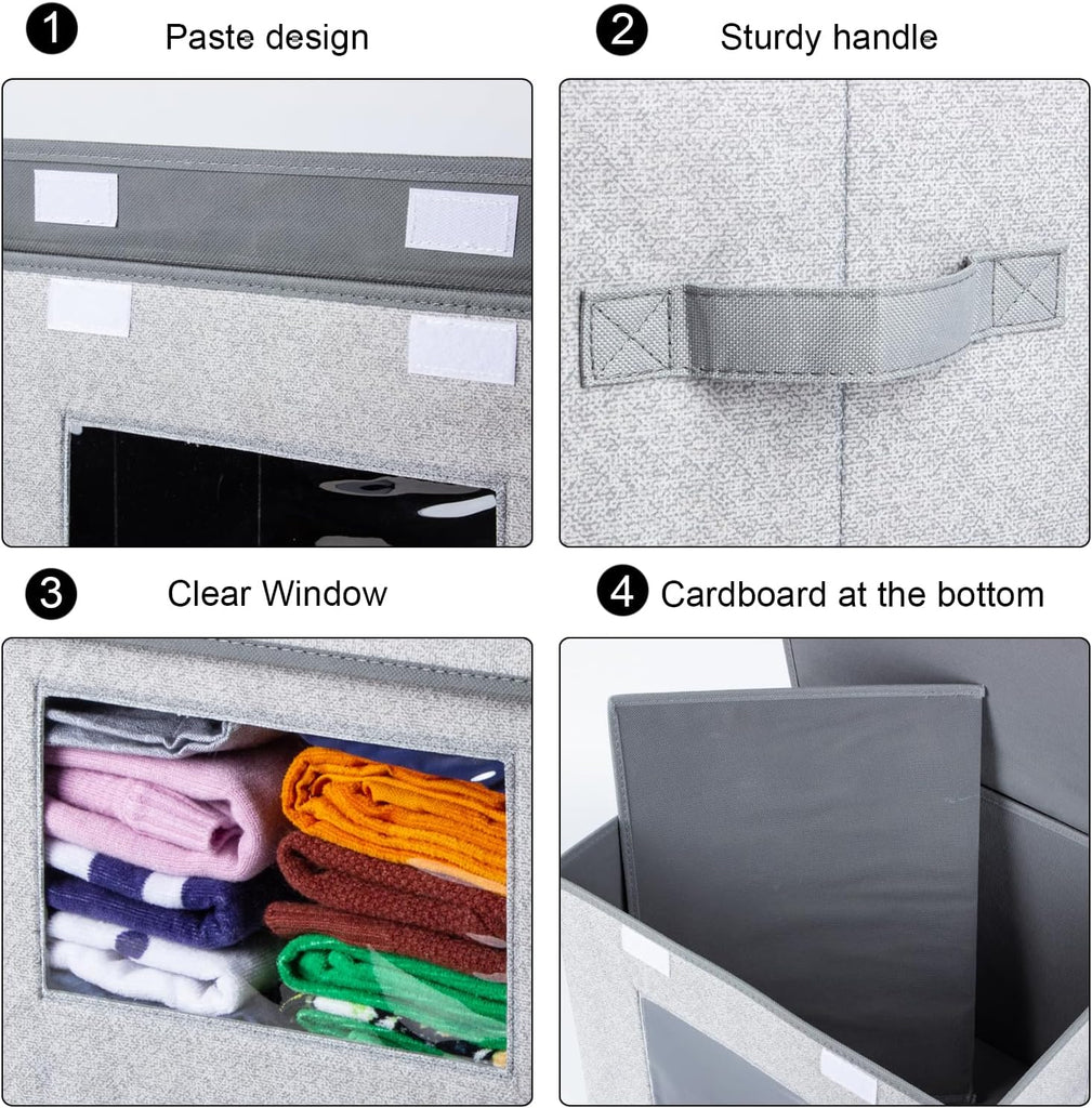 Fabric Closet Storage Bins with Lids for Shelves 4 Pack, Gray | 17 x 12 x 12 In Clothes Storage Bins with Handles &