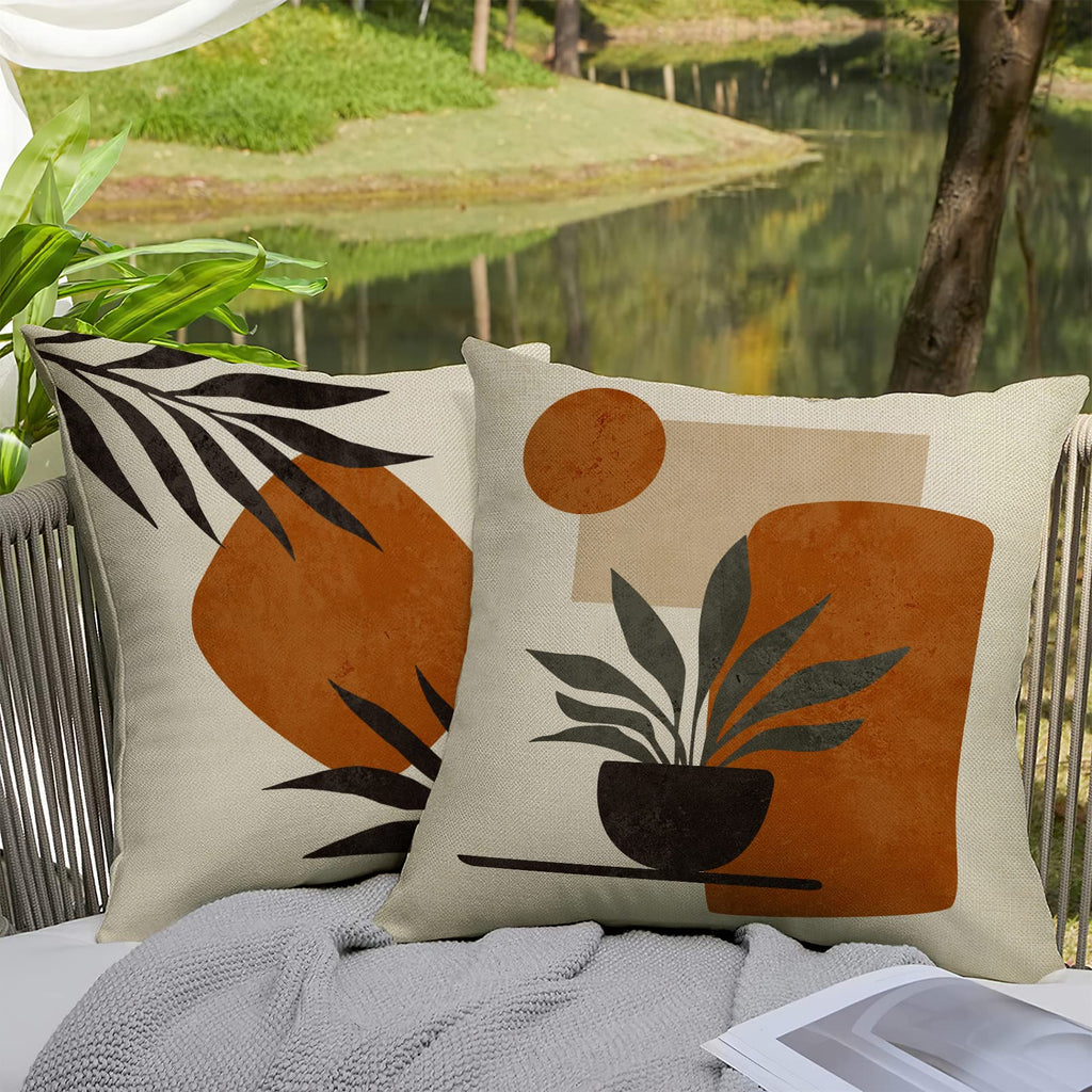 Boho Abstract Sunset Plant Olive Leaves Decorative Throw Pillow