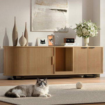 62'' Cat Litter Box Enclosure with Sliding Tambour Door, Fluted Litter Box Enclosure Furniture Hidden Litter Box