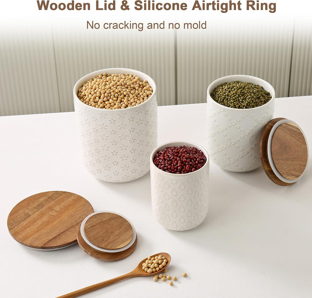 Canisters Sets for the Kitchen, White Ceramic Canister Set with Airtight Wood Lids, Embossed Food Storage Jars - Set of 3