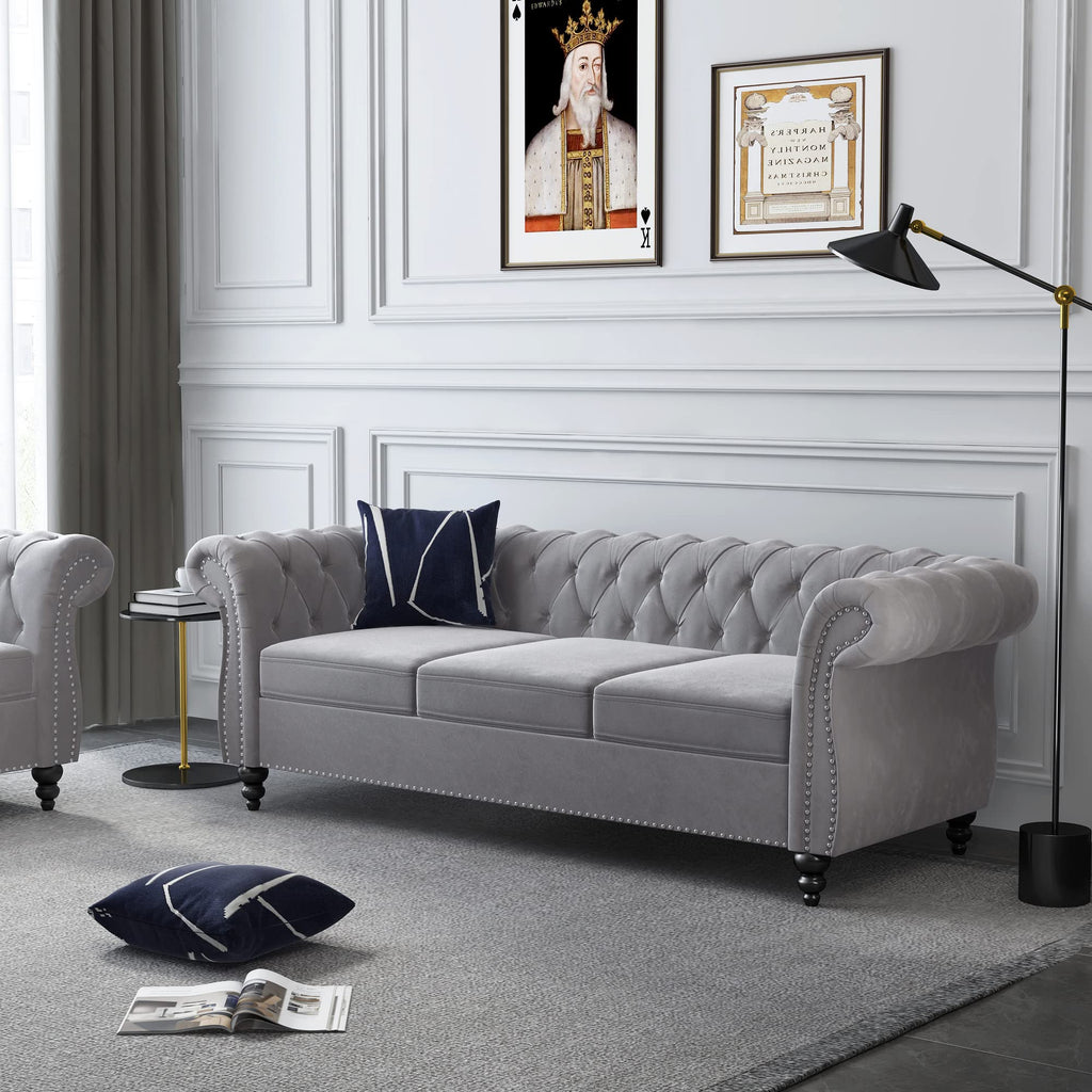 Chesterfield Sofa, Modern Tufted Velvet Couch 3 Seater with Scroll Arms and Nailhead (Grey)