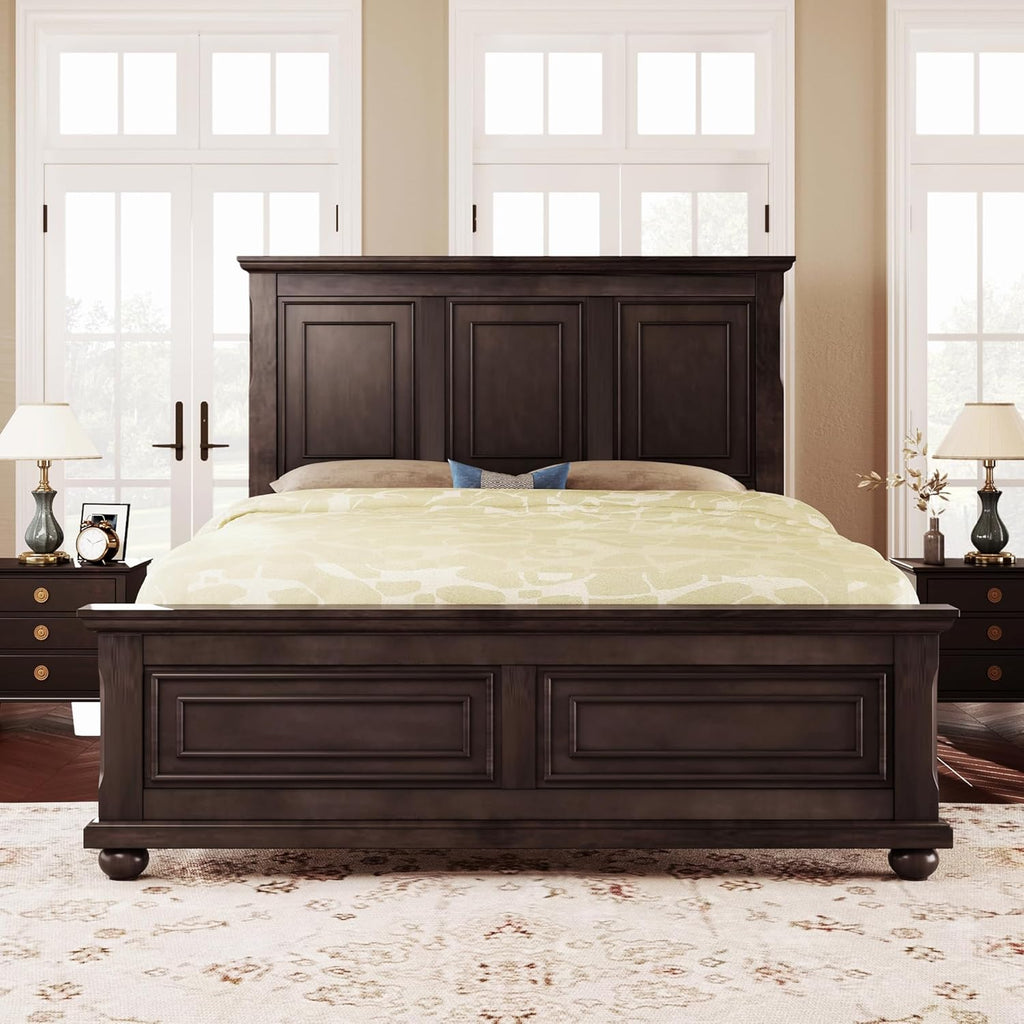 Mid Century Wood Platform Bed Frame, Queen Bed Frame with Headboard, Footboard & Wooden Slats Support, No Box Spring