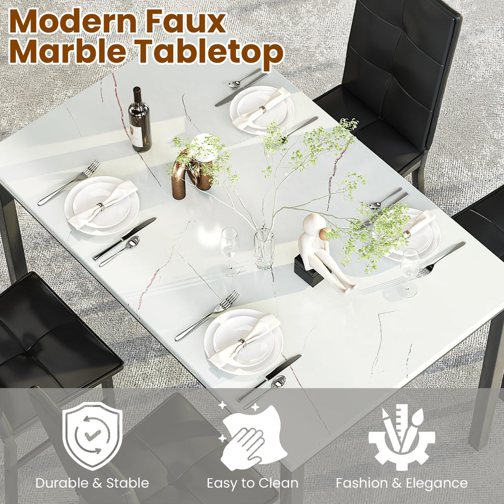 Dining Table Set for 4, Faux Marble Small Kitchen Table with 4 PU Leather Chairs, Modern 5 Piece Dinner Table Set