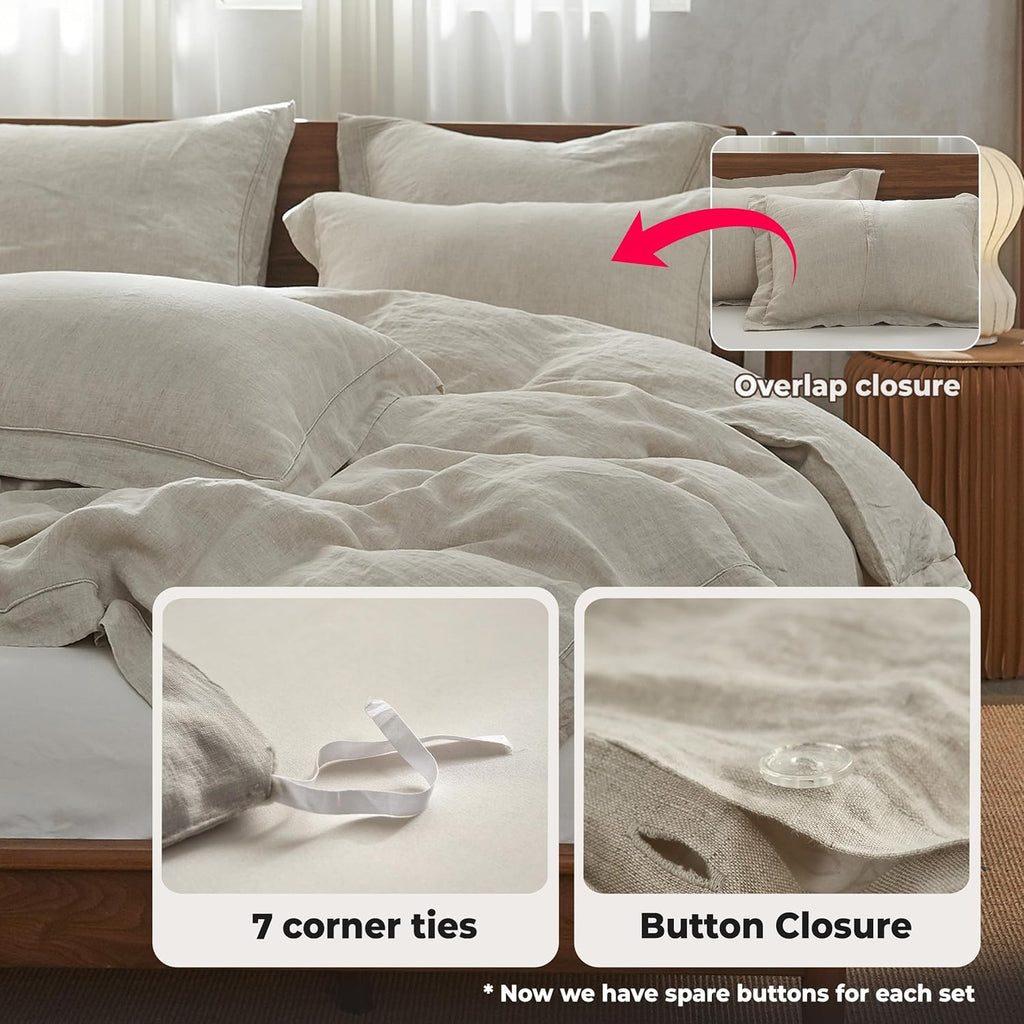100% Washed Linen Duvet Cover with Embroidered,3 Pieces Soft Farmhouse Comforter Set with Button Closure,1 Duvet