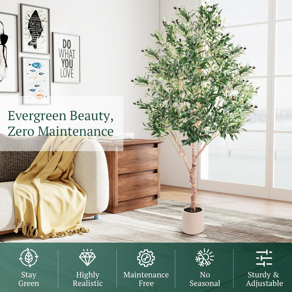 Large Olive Trees Artificial Indoor, Upgraded 7FT Faux Olive Tree with Natural Wood Trunk and Lifelike Fruits, White