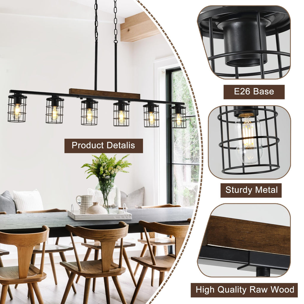 6-Light Farmhouse Kitchen Light Fixture, Rustic Wood & Metal Cage