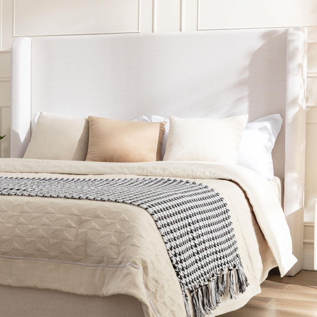 54" Tall Headboard Upholstered Platform Bed Frame with Wingback, Modern Farmhouse Tufted Fabric Bed with Solid