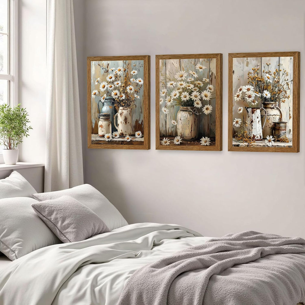 3 Piece Vintage Floral Pictures Canvas Wall Art Nature Themed Daisy Artwork Prints Elegant Farmhouse Wall Decor