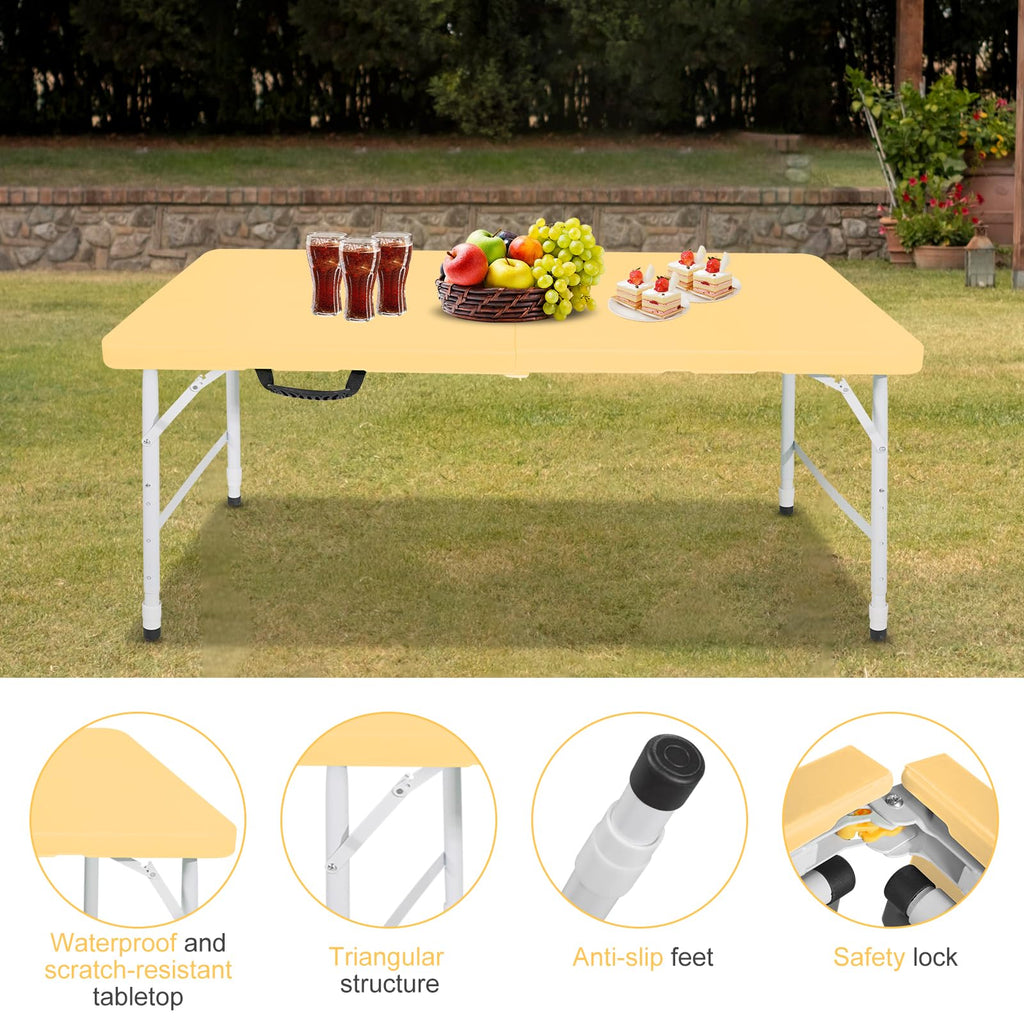 Portable 4Ft Folding Table, Heavy Duty Plastic Fold-in-Half Utility Foldable Table, Adjustable Height Plastic Folding