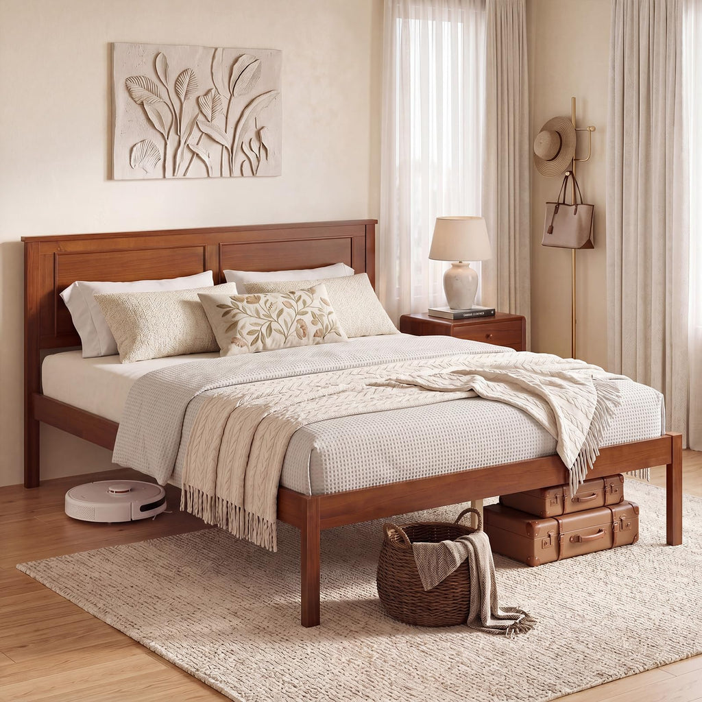 Full Size Bed Frame, Farmhouse Wooden Platform Bed with Headboard