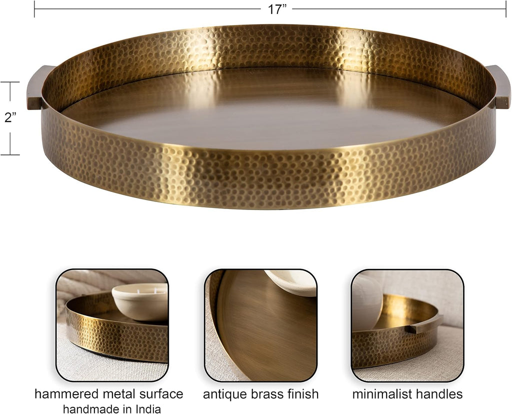 Samana Modern Glam Round Metal Tray; 17 Inch Diameter; Antique Brass; Circular Polished Decorative Tray with Hammered