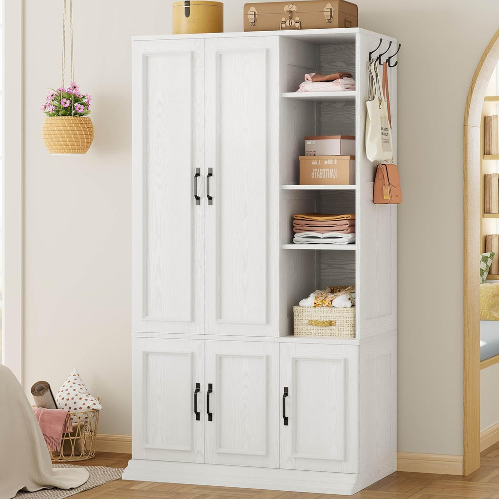 Armoire Wardrobe Closet 70" H, 5 Doors , White | Wooden Wardrobe with 4 Storage Shelves and Hanging Rod, Clothing