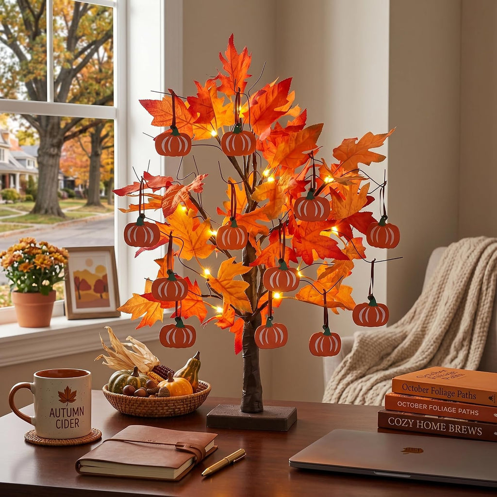 Fall Decorations, Thanksgiving Decorations, 24"2FT Lighted Maple Leaves Tree with 24 LEDs & 12 Wood Pumpkin