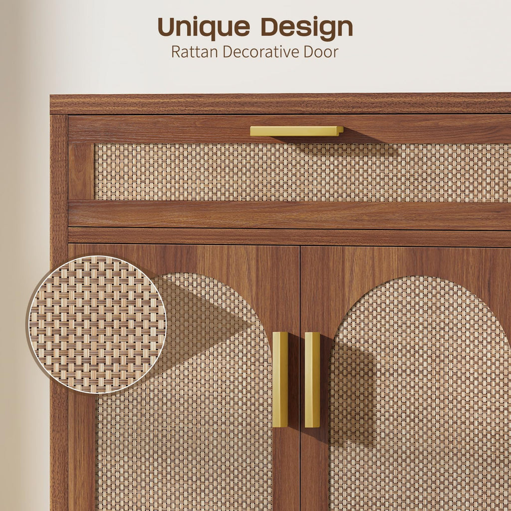 Rattan Buffet Cabinet with Storage, Sideboard with Drawers, Doors and Shelves, Accent Cabinet, Farmhouse Coffee Bar
