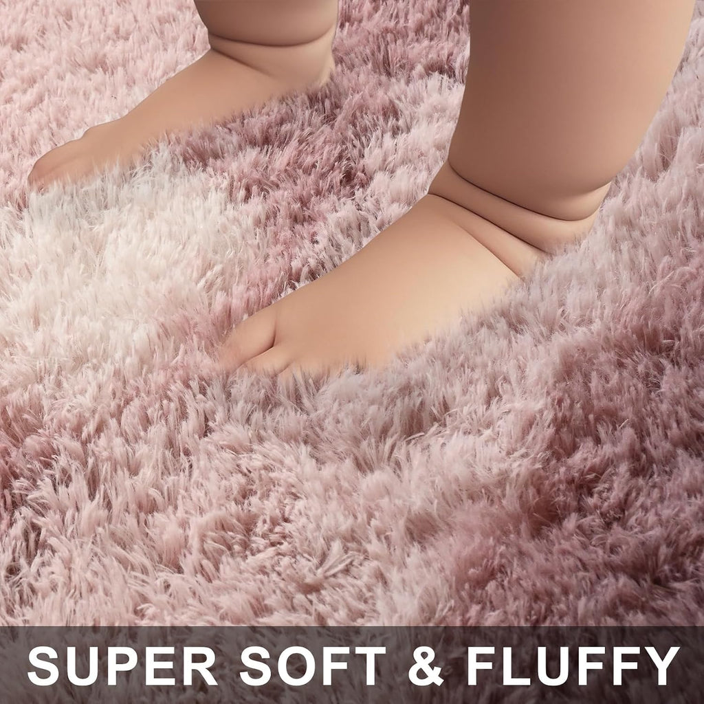 Pink and White Rugs Girls, Fluffy Soft Plush Area Rugs with Non-Slip Backing, Modern Striped Shag Fuzzy Carpets