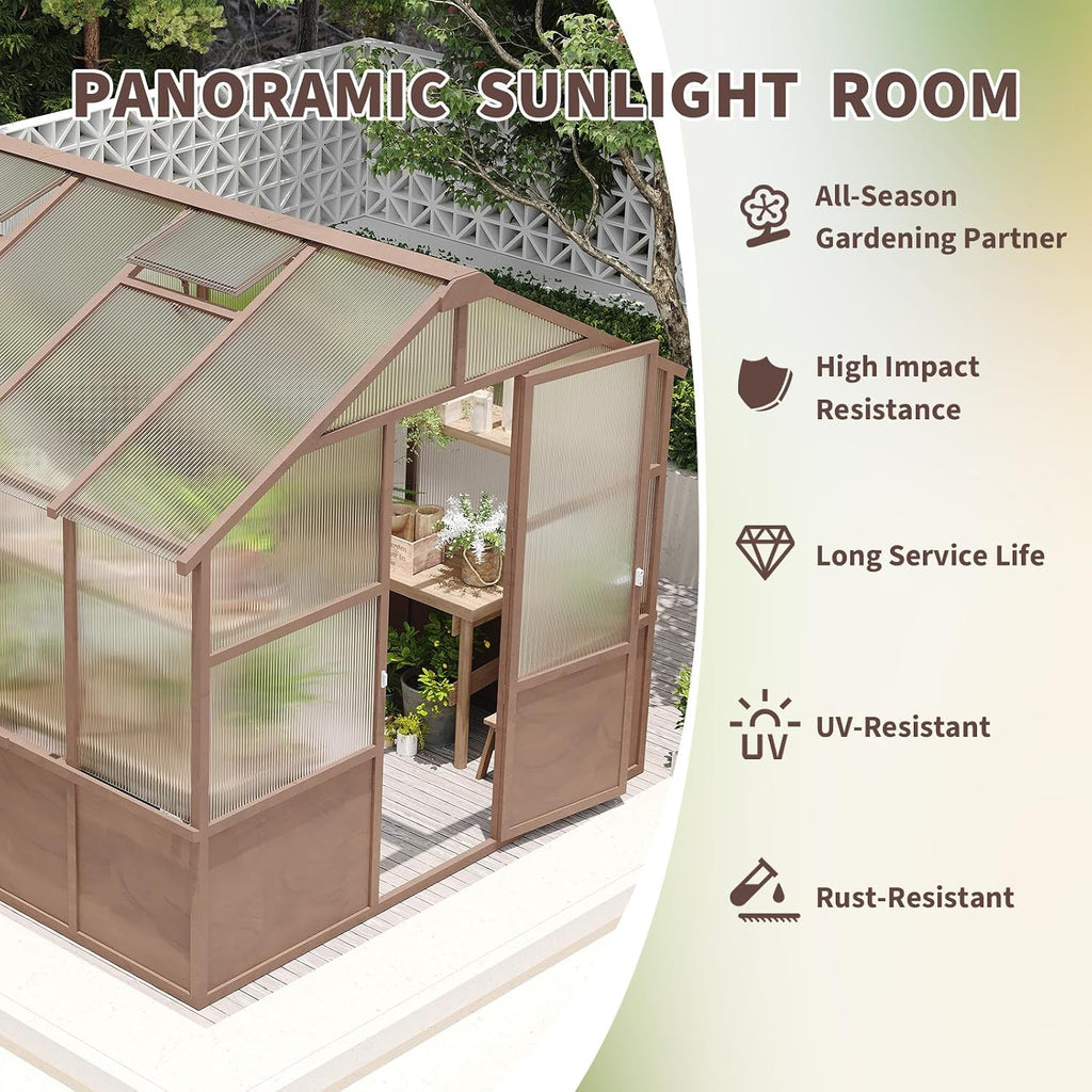 8x10 FT Outdoor Wooden Walk-in Greenhouse, Heavy Duty Pine Wood Green House with 6MM Thick Polycarbonate Panels