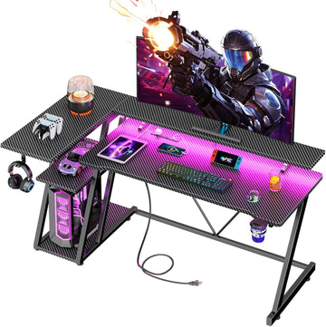 55 Inch Gaming Desk with Power Outlet & LED Lights, L Shaped Gamer Computer Table with Storage Shelves , Corner Home
