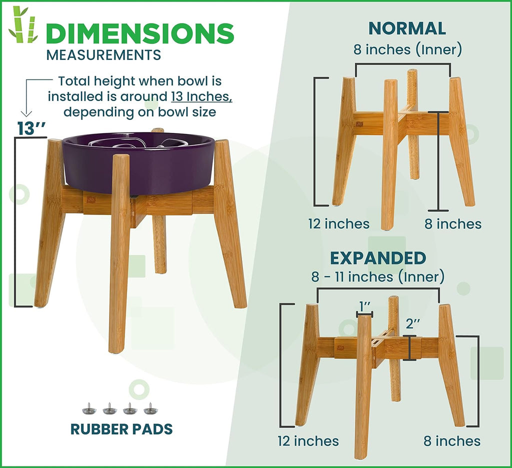 Dog Bowl Stand for Mid-Large Dogs | Adjustable, Bamboo, 12-inch High
