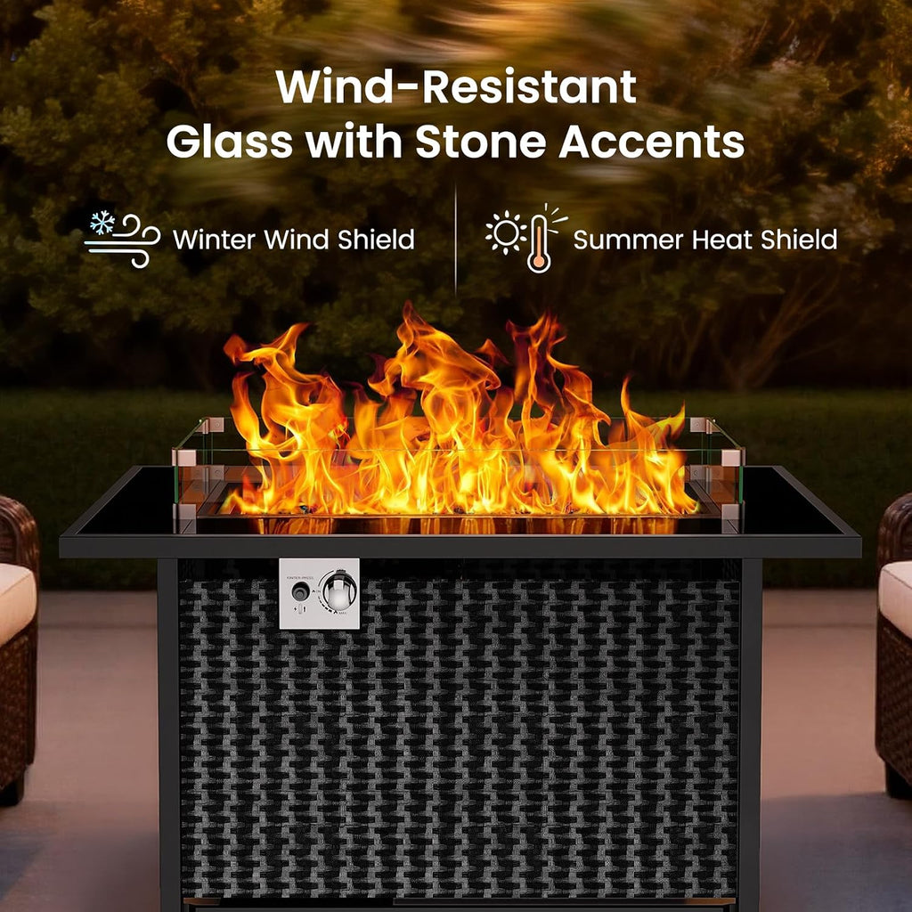43′′ Propane Fire Pit with Glass Wind Guard, CSA-Listed 60,000 BTU Outdoor Gas Fire Pit Table, Tempered Glass Top