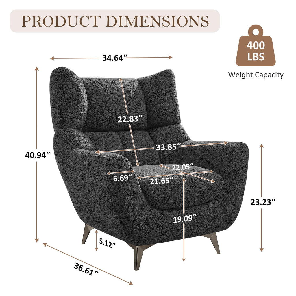 34.6" Oversized Accent Chair with WingBack, Teddy Boucle Grey
