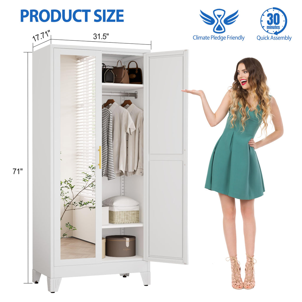 Metal Wardrobe Cabinet with Mirror and Hanging Rod, 71" White