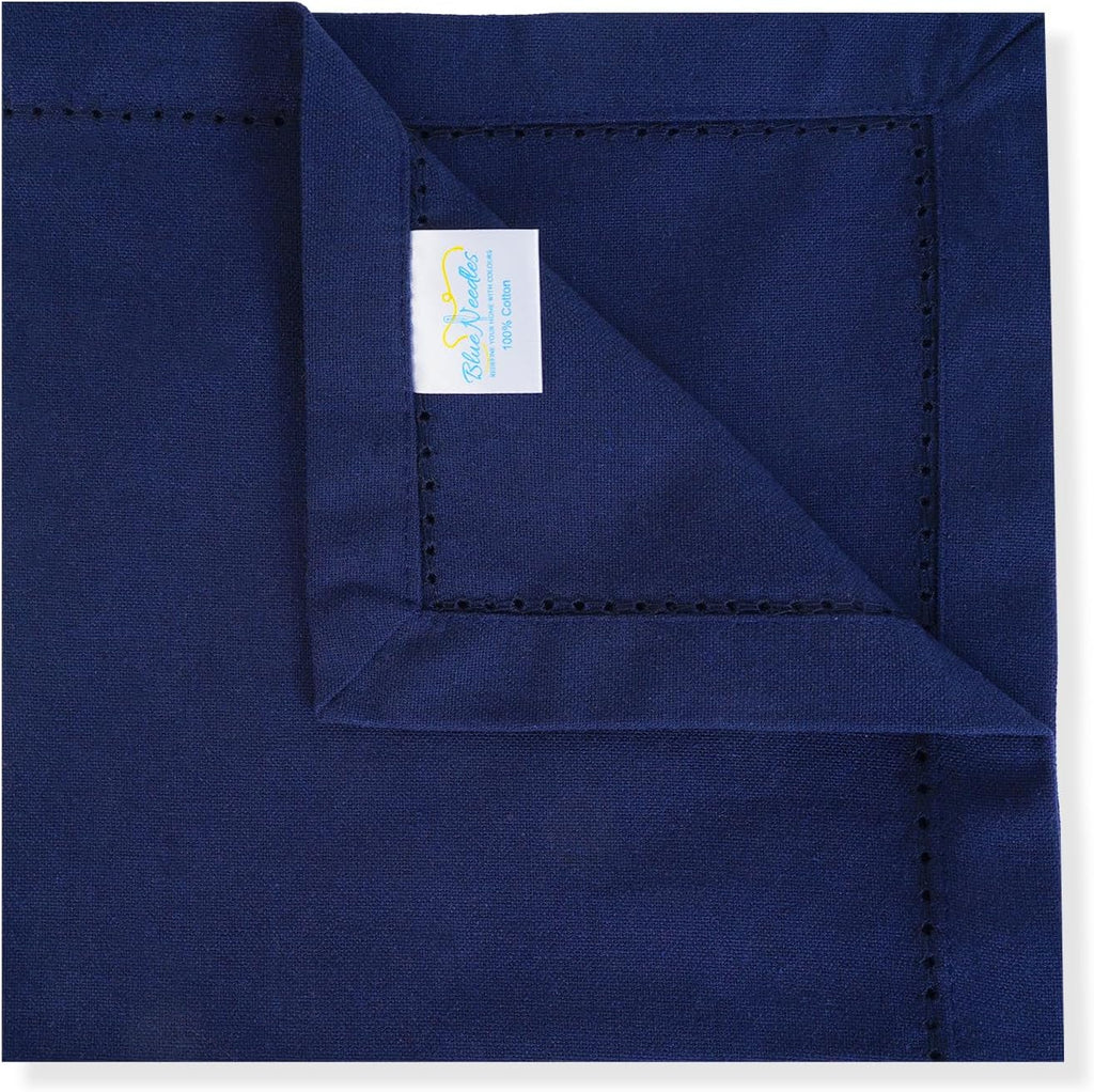 Navy Blue Hemstitch Linen Napkins Set of 12-100% Cotton Cloth Dinner Napkins 18x18 inches, Soft, Reusable, Absorbent