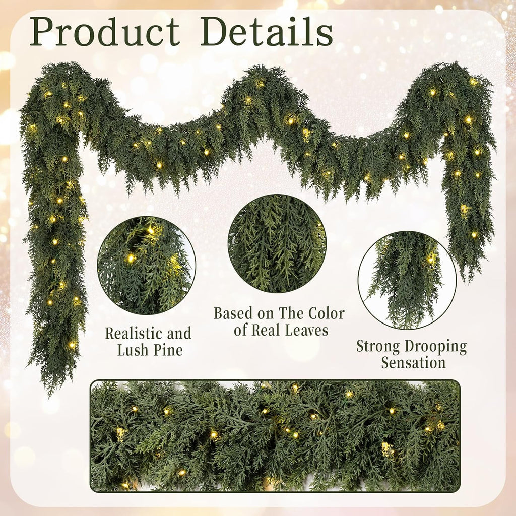 9FT Pre-lit Christmas Garland with Lights Cedar Garland Christmas Decor