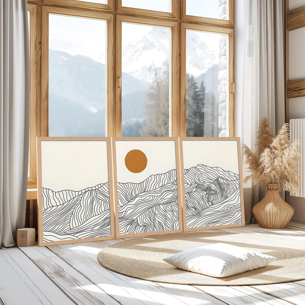 Abstract Wave Line Mountain Framed Canvas Wall Art, Boho Sun Wall Decor