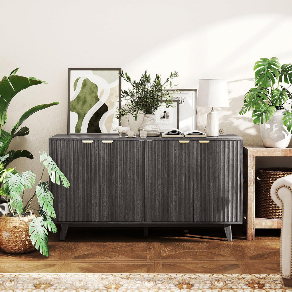 Fluted Sideboard Buffet Cabinet, 55" Modern Accent Console Cabinet with 4 Doors, 2 Adjustable Shelves and 5 Wood Legs
