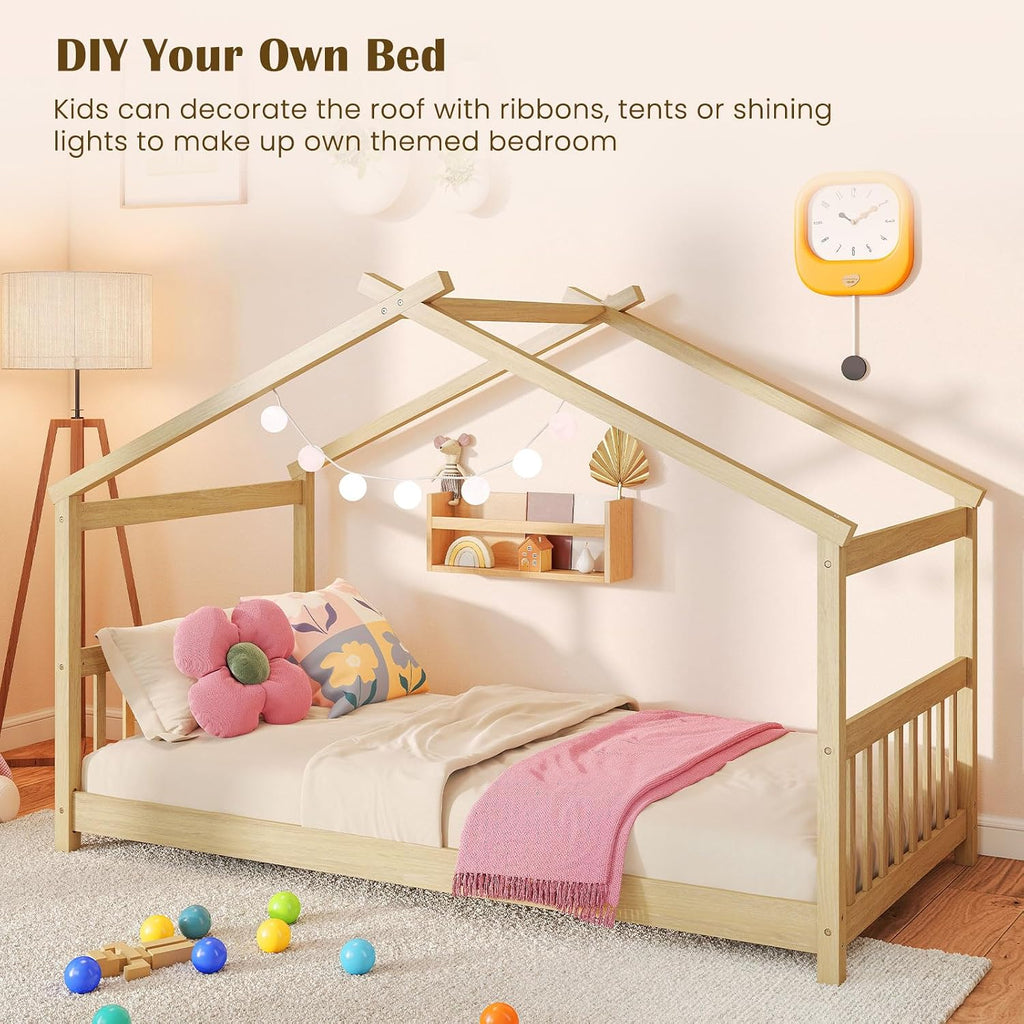 House Bed Twin, Solid Wood Kids House Bed with Roof, Headboard and Footboard, Low Floor Twin Bed Frame for Kids Teens