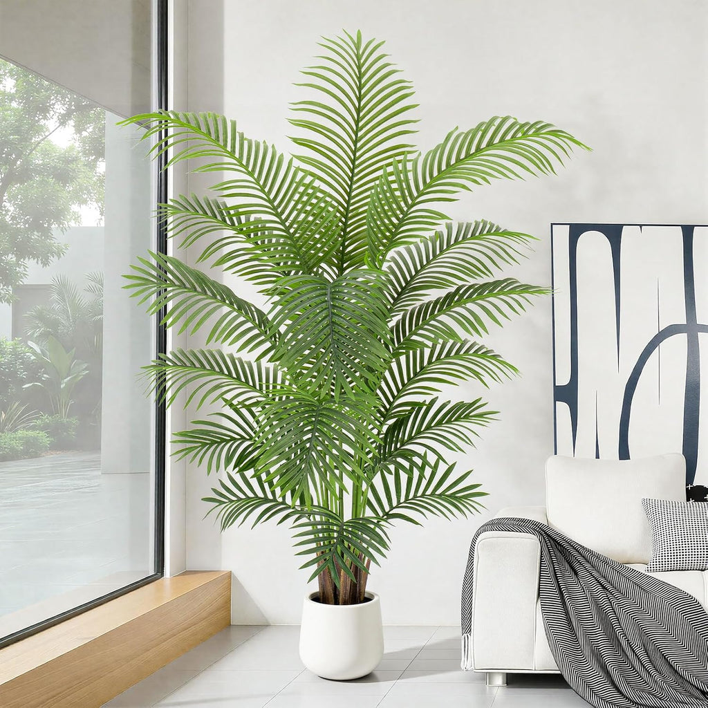 6ft Artificial Palm Tree Tall Faux Palm Tree Indoor Large Fake Plants with 18 Trunks Artificial Plants with White Pot