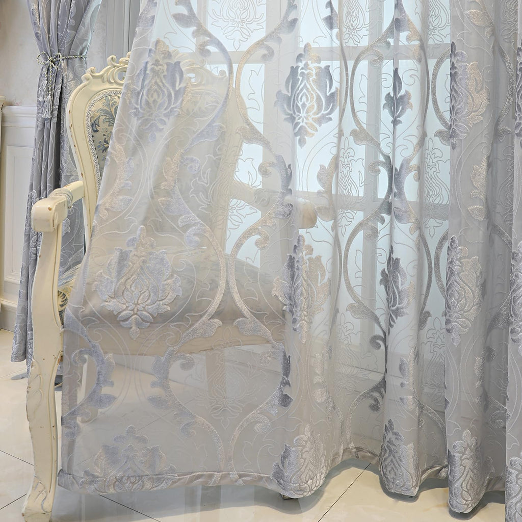 Grey European Floral Sheer Curtains, Retro Damask Pattern Voile Drapes, Light Filtering Window Treatment, 2 Panels