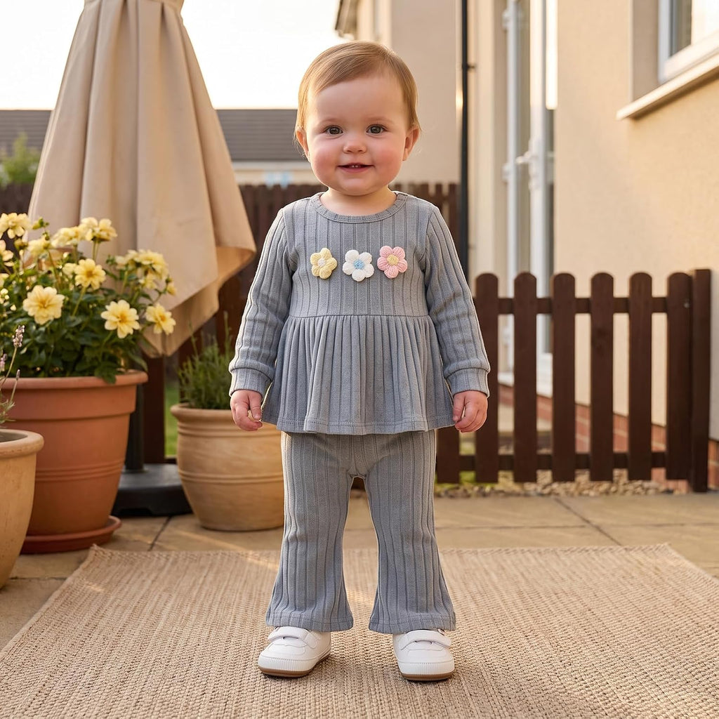 Toddler Baby Girl Clothes Flower Plush Long Sleeve Shirt Flare Pants Set