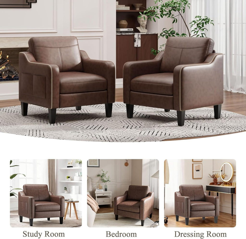 PU Leather Accent Chair, Mid-Century Modern Living Room Armchair Sofa with Removable Cushions, Solid Wood Frame &