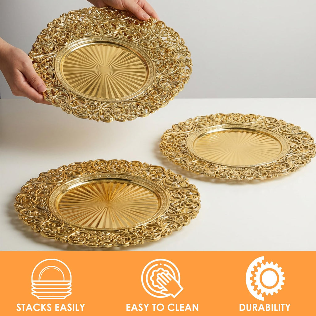8 Pcs Antique, 13" Round Plastic Dinner Chargers, Decorative Hollowed Out Flowers Serving Plates for Dinner