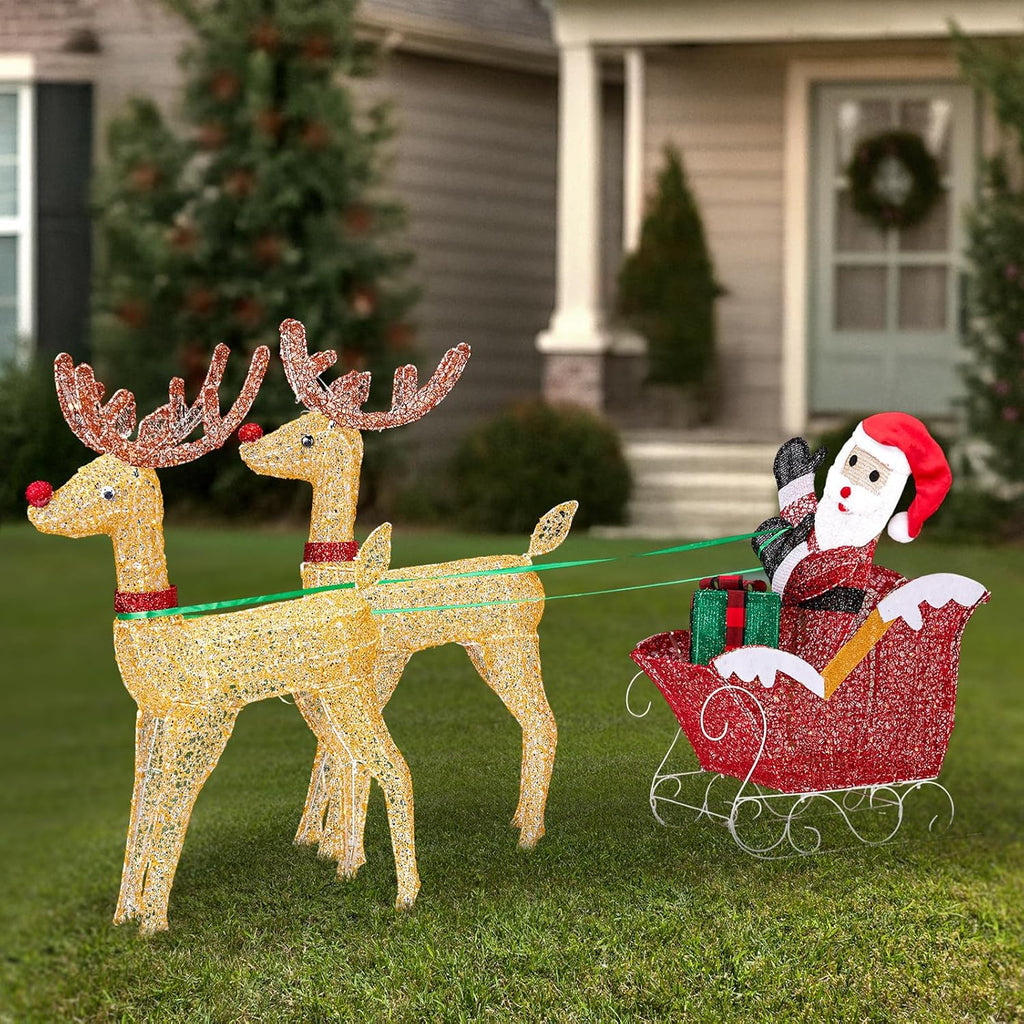6FT Lighted Christmas Reindeer and Sleigh Outdoor Decorations, 2 Reindeer Pulling Santa's Sleigh, Warm White LED