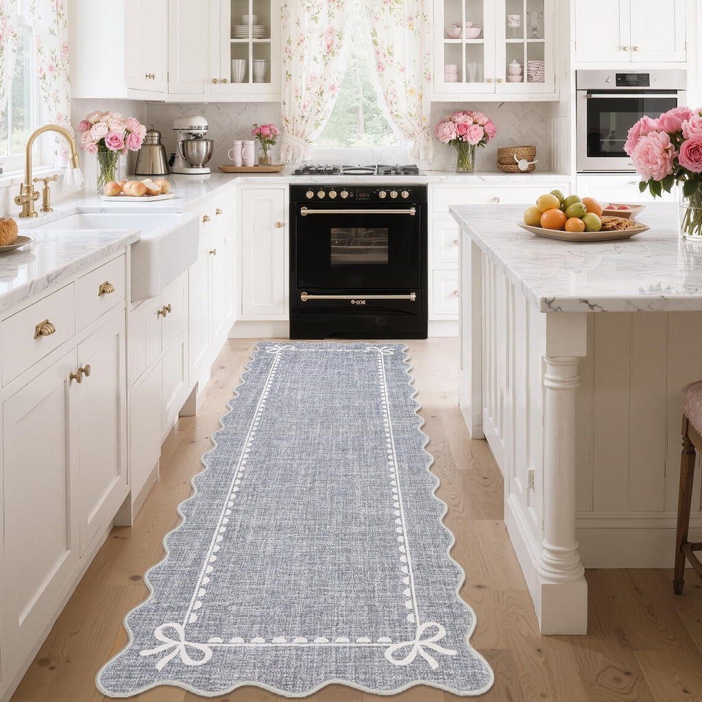 Scalloped Hallway Runner Rug 2.5x10 Non Slip Bedroom Rugs, Grey