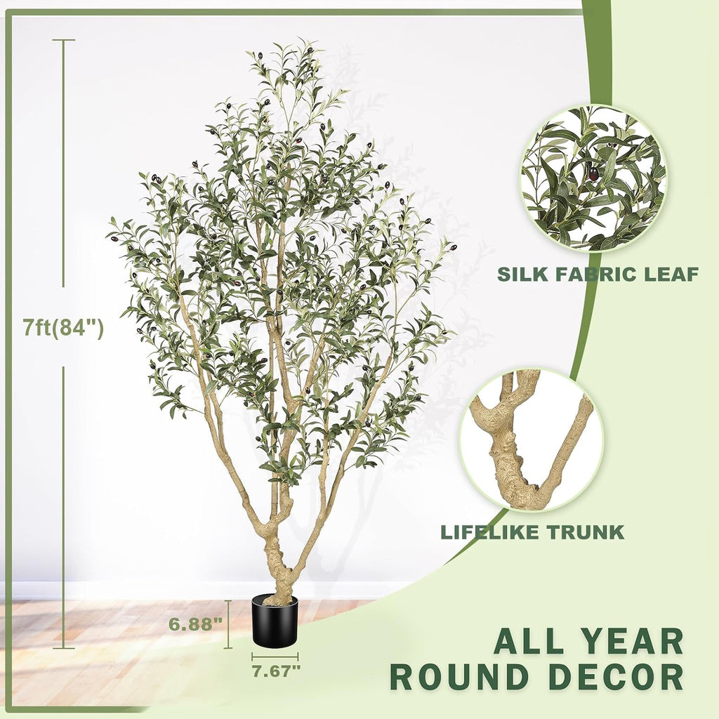 Faux Olive Tree 7ft with Large Olive Branches and Lifelike Fruits