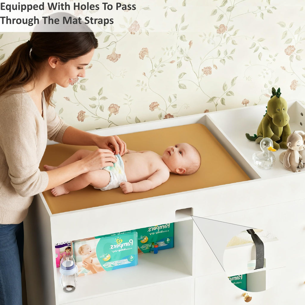 Wooden Baby Changing Table Dresser, Diaper Changing Table with Large Tabletop, 4 Drawers, Open Storage Space & Side