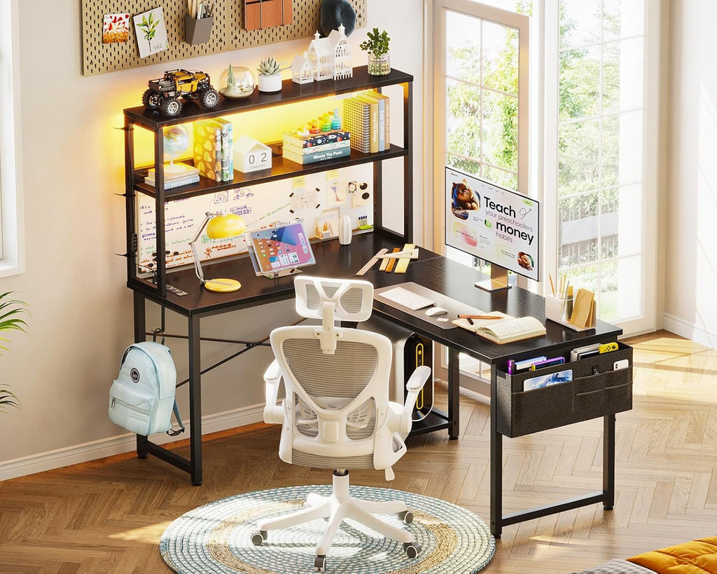 L Shaped Desk Gaming Desk with LED Light & Power Outlet | 43 Inch Black Reversible L Shaped Computer Table with