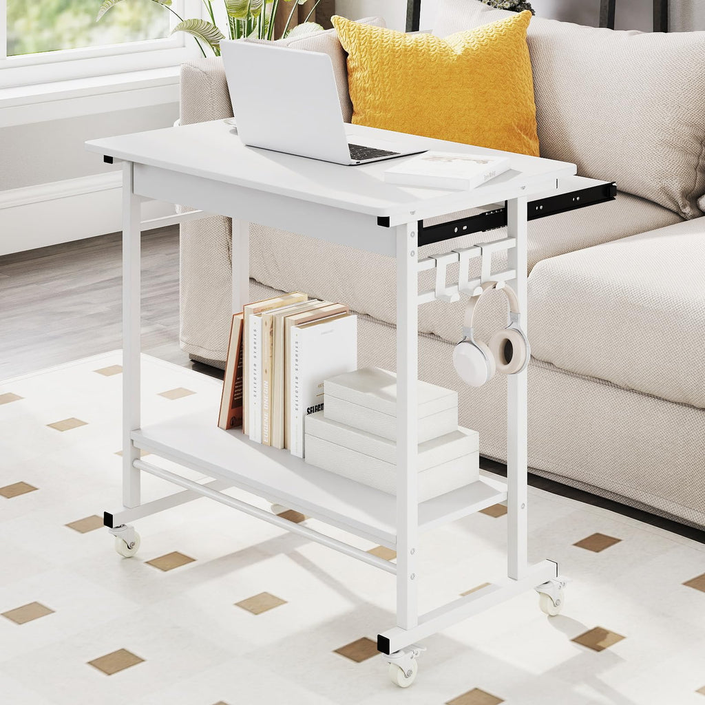 Rolling Computer Desk, Mobile Portable Desk with Keyboard Tray & Wheels, Laptop PC Table Cart with Shelf & Hooks