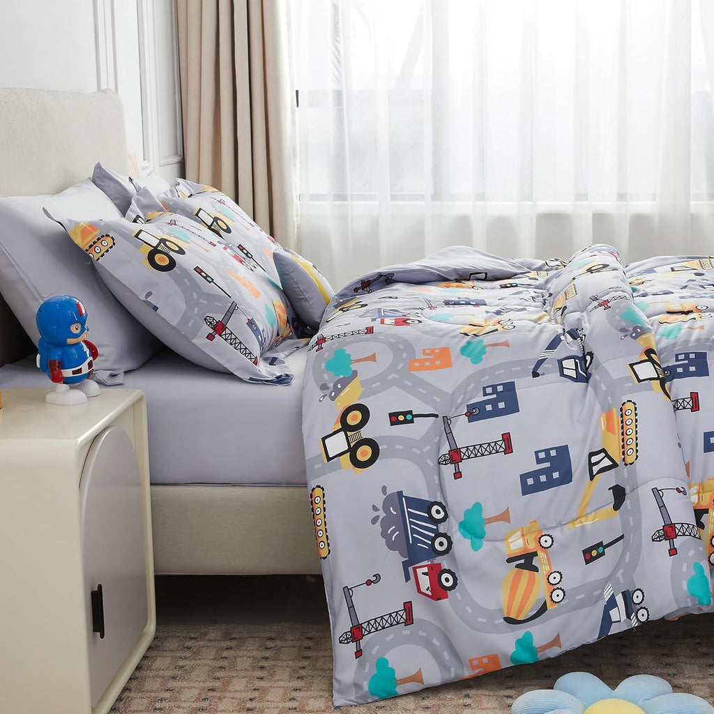 Kids Twin Comforter Sets for Boys 6 Pieces Excavator Grey Bedding Set for Teens Soft Microfiber Kids Bed in A Bag