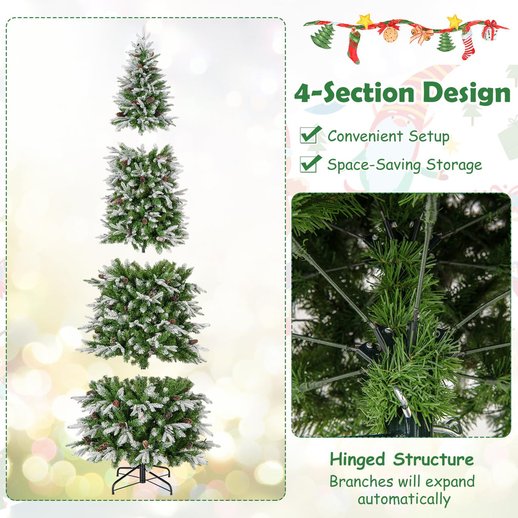 9 FT Pre-lit Flocked Pencil Christmas Tree, Hinged Artificial Xmas Tree with 1310 PE PVC Branch Tips, 470 Warm White