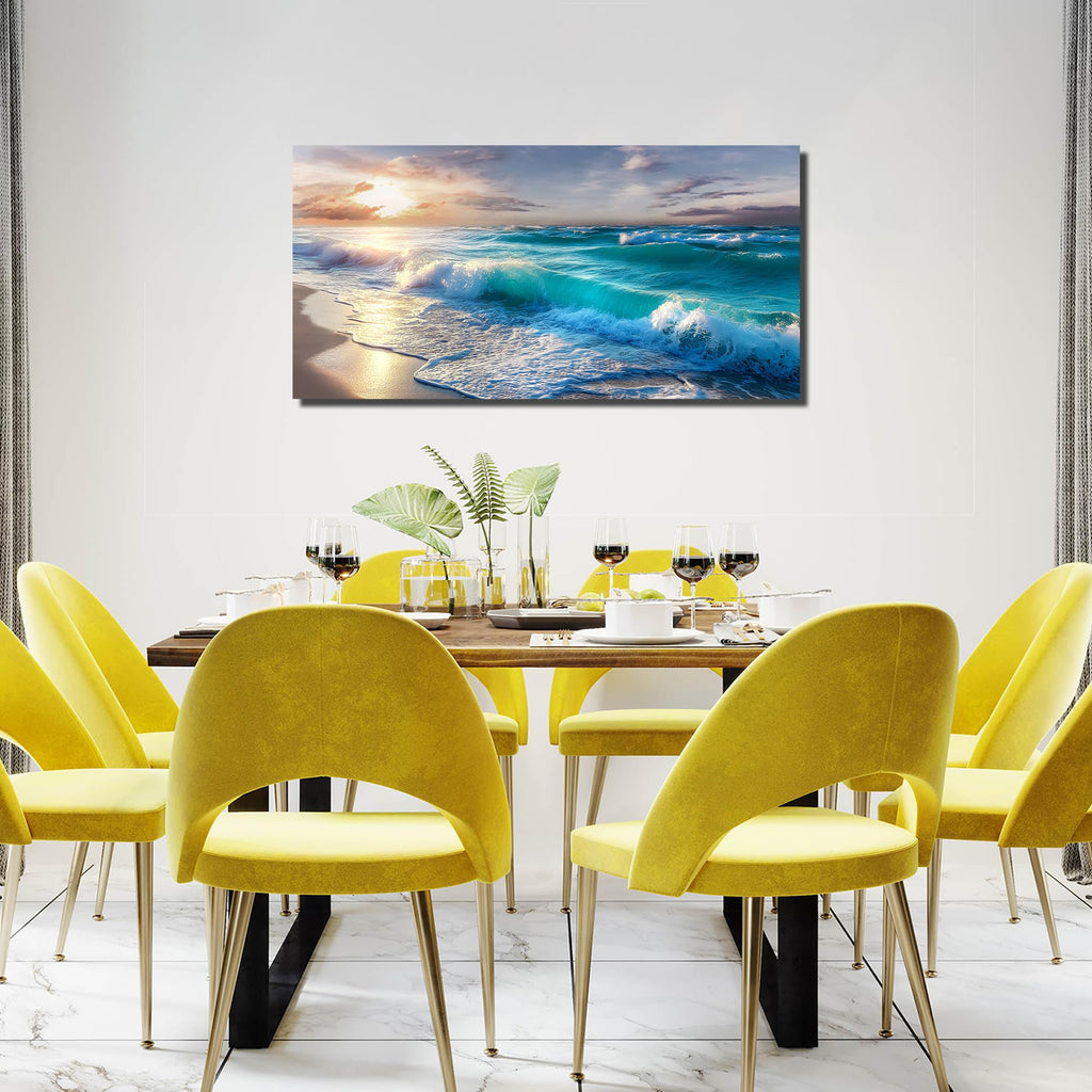 Ocean Wall Art, Blue Wave and Large Coastal Beach Canvas Wall-Decor, Gold Sun Scenery Pictures Office, Size 40x20
