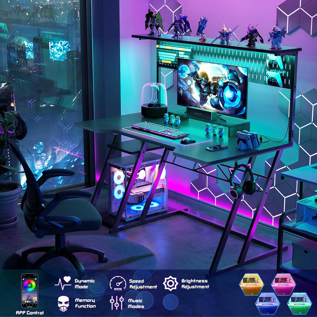 Gaming Computer Desk with Shelves and Outlets, Gaming Desk with Hutch and LED Lights, Reversible PC Gaming Desks with